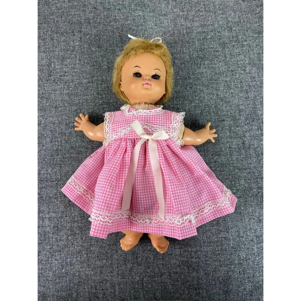 HORSMAN 1968 Vintage Baby DOLL Blonde Blue Eyes PINK Gingham Dress 10.5 Inch